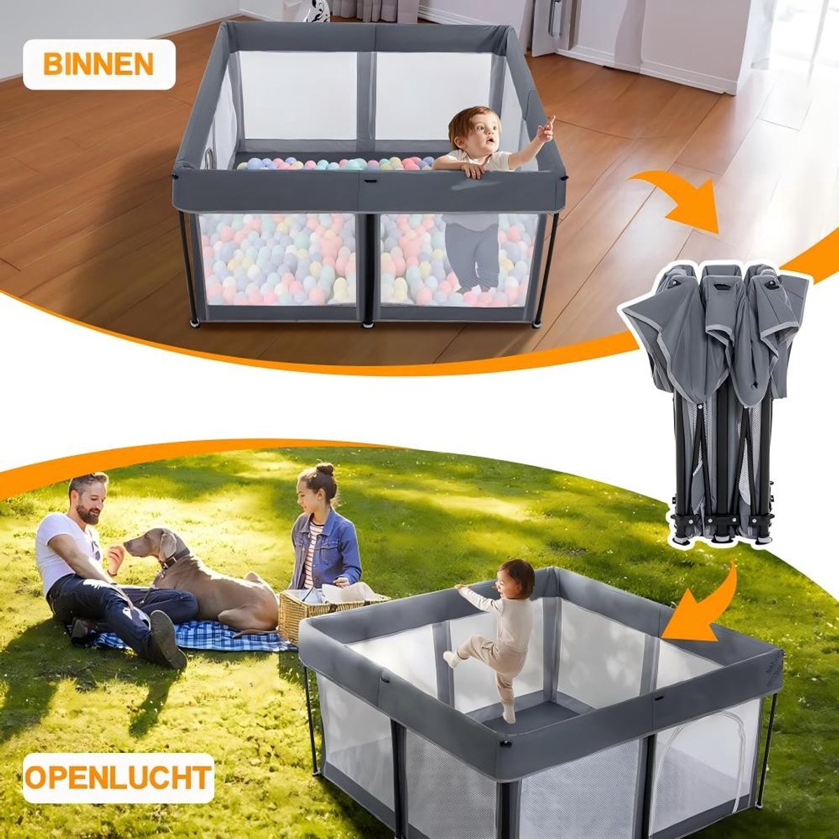 Grondbox inklapbare speelbox grijs - 125x125x65 cm - 50 ballen thumbnail 4