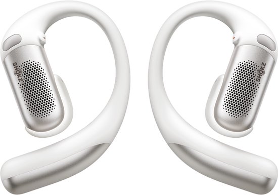 Gedetailleerde weergave van de witte Shokz OpenFit Pro oordopjes.