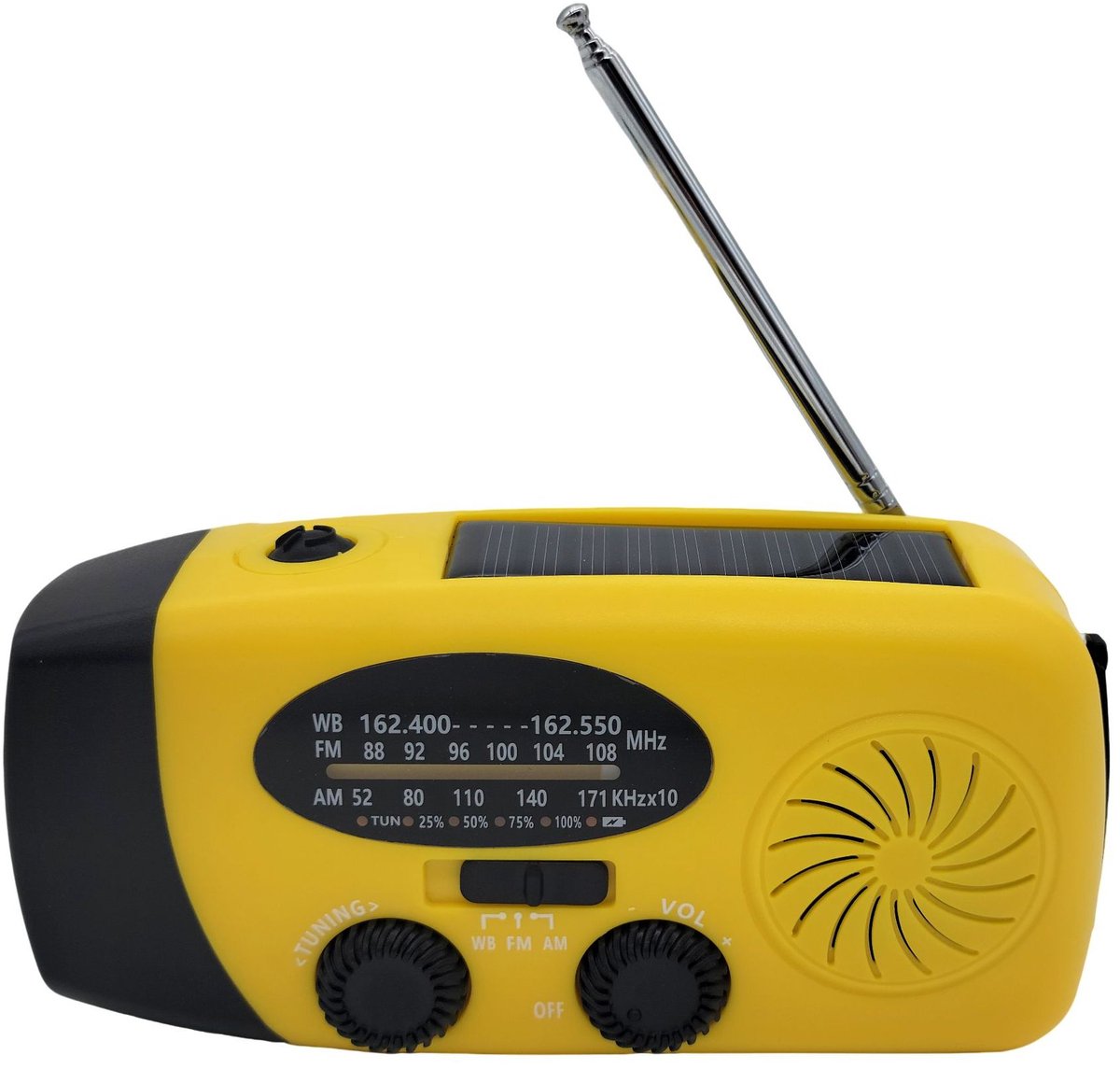 Noodradio met handaandrijving, LED-zaklamp, uitgerust met een powerbank van 2000 mAh en telefoonoplader, USB-oplaadfunctie en zonne-energie, geschikt voor kamperen en noodgevallen (geel).