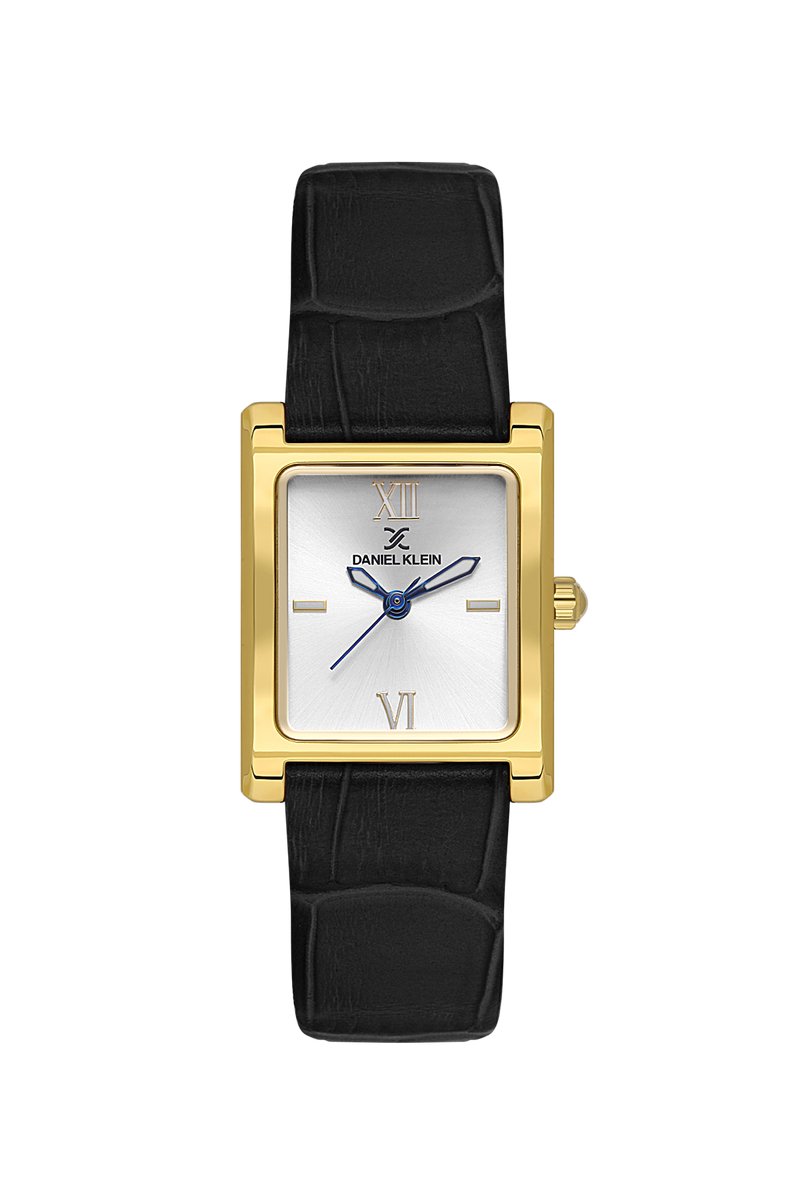 Daniel Klein DK.1.14112-2 - Horloge - Polshorloge - Analoog - Dames - Vrouwen - Leren band - Metaal - Vierkant - Romeinse cijfers - Strepen - Goudkleurig - Zwart - Wit - Donkerblauw