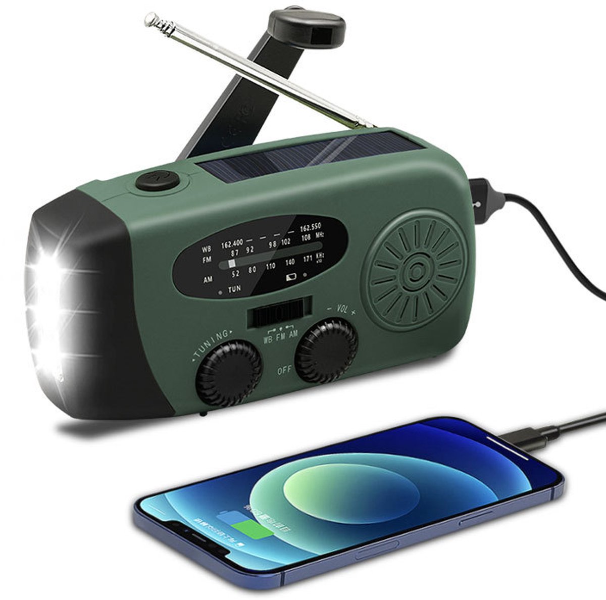 Draagbare noodradio met LED-zaklamp, uitgerust met een powerbank van 2000 mAh en een oplader voor mobiele telefoons, met USB-oplaadmogelijkheden en zonne-energie, geschikt voor kamperen en noodgevallen (groen).