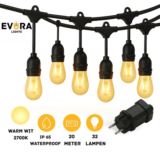 Guirlande lumineuse d'extérieur Evura Goods – String lumineuse LED – 20 mètres – 32 Lampes – Étanchéité IP65 – Wit chaud – Éclairage de jardin avec prise – Éclairage extérieur – Guirlande lumineuse d'extérieur et de Fête
