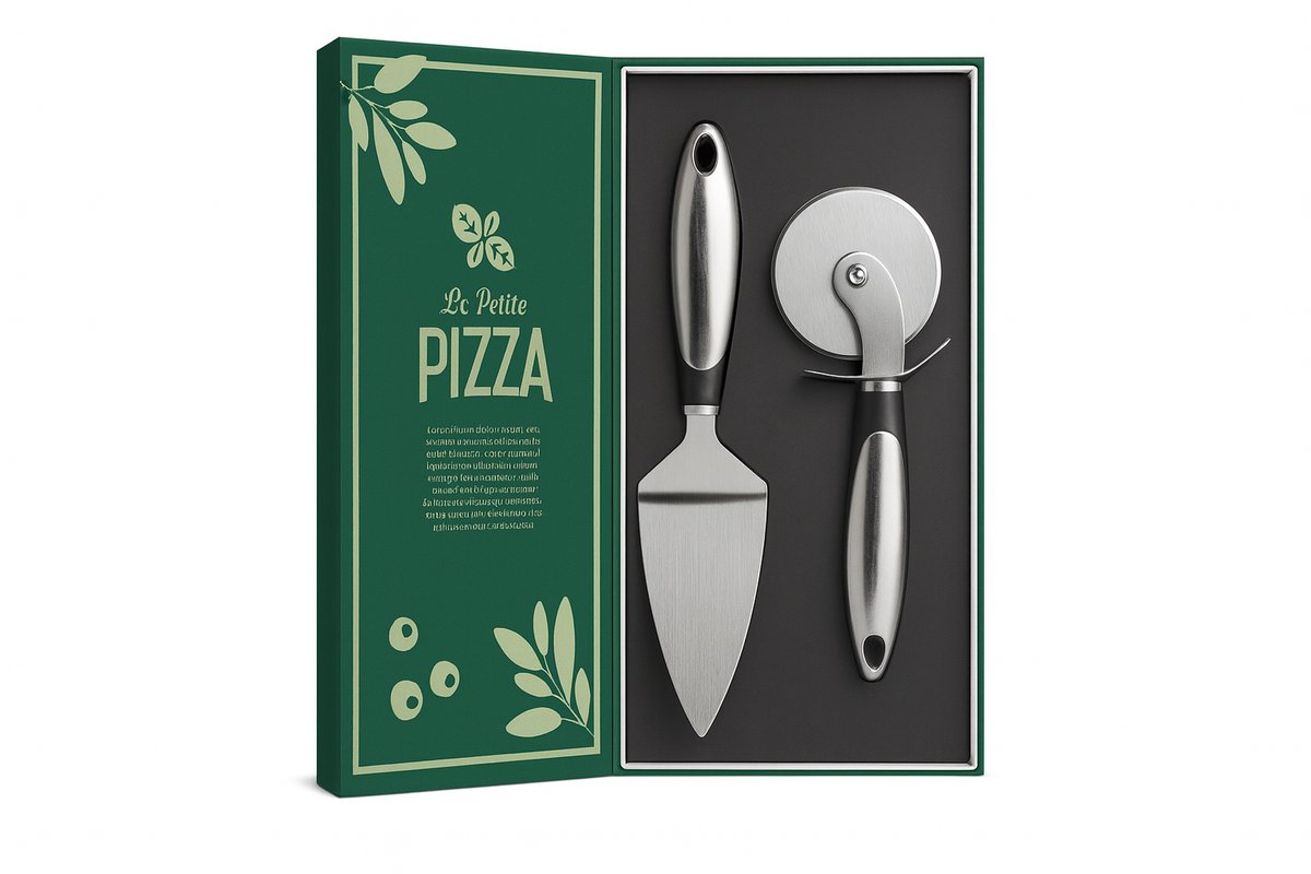 Pizza Accessoires Cadeaupakket – Pizzasnijder & Pizzaschep – RVS – Luxe Geschenkverpakking – Voor Pizza Snijden en Serveren