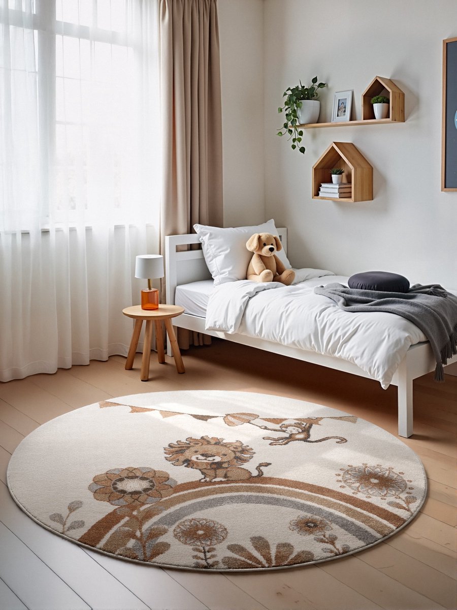 flycarpets Villeroy & Boch Rond Kindervloerkleed Lion - Creme / Kleurrijk - Laagpolig Vloerkleed Kinderkamer - Ø 160 cm rond