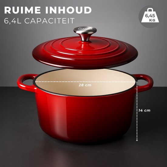 Rode gietijzeren braadpan, 28cm breed en 14cm hoog. 6,4L capaciteit.