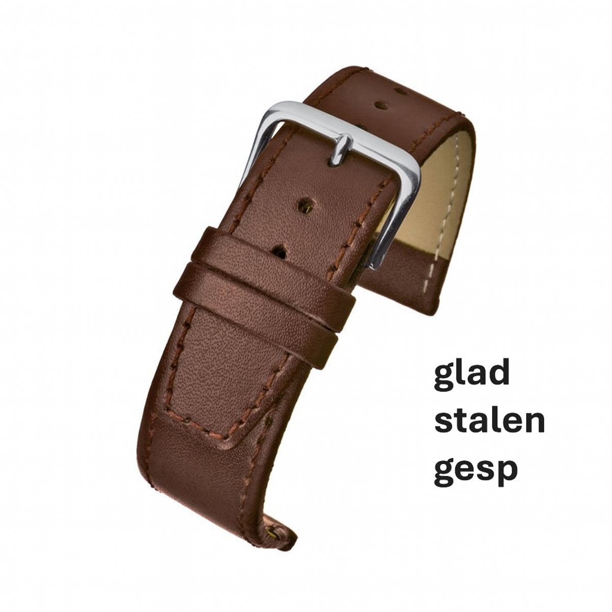 Horlogeband-horlogebandje-22mm-bruin-cognac-gestikt-echt leer-plat- stalen gesp-leer-22 mm