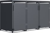Grijze containerberging met drie deuren en metalen frame.