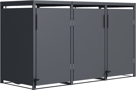 Grijze containerberging met drie deuren en metalen frame.