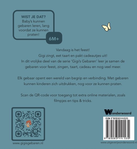 Boek "Gigi's Gebaren - Gigi viert feest" met informatie over babygebaren, een QR-code en een vlinderillustratie.