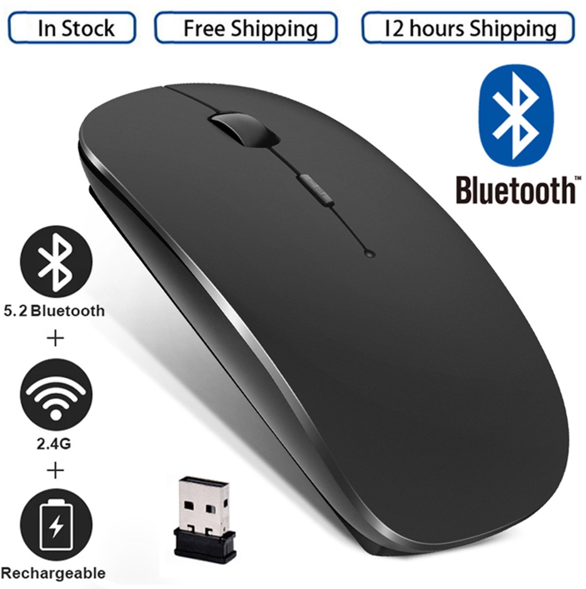 Oplaadbare draadloze Bluetooth-muis, ergonomische mini-USB-muis, stille optische 2,4 GHz-muis, geschikt voor MacBook, laptops en pc's.