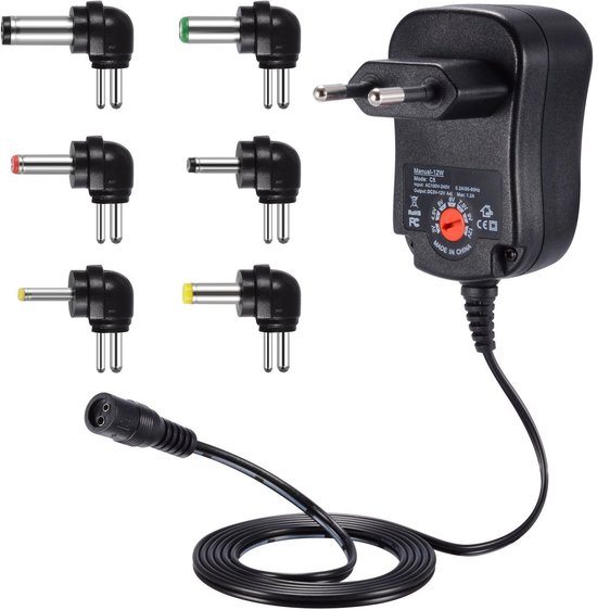 Ynkkvre – voeding – 12W universele DC adapter 3V/4,5V/5V/6V/7,5V/9V/12V – oplader met 6 adapterpluggen – voor CCTV-camera, router, Arduino, Raspberry Pi, pc-ventilator, modelauto,
