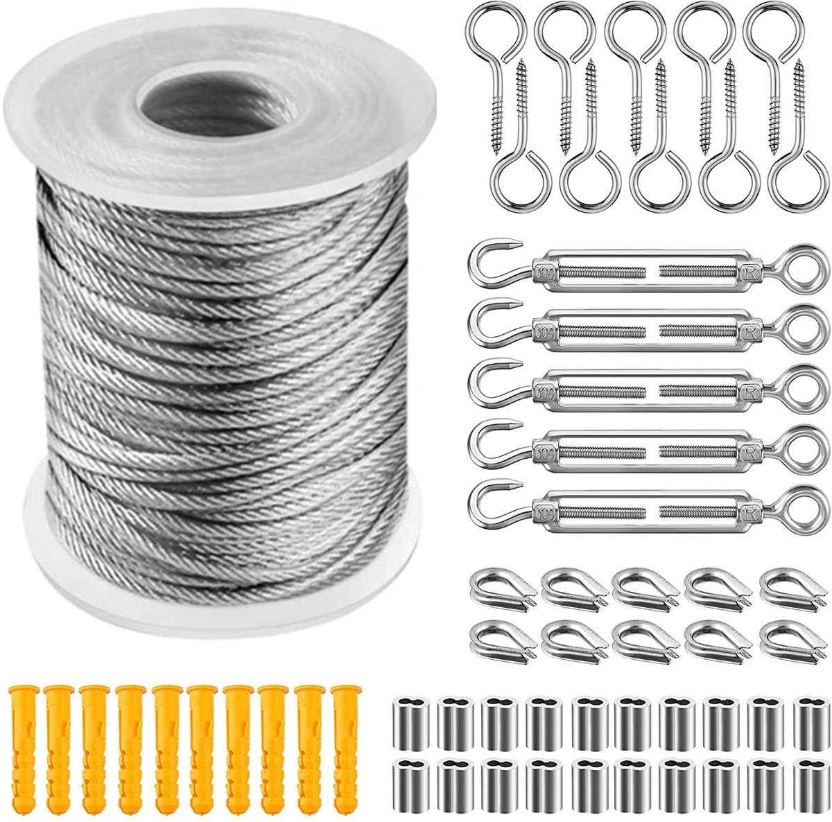 Ynkkvre – ophangset – 304 roestvrijstalen kabel met nylon coating – PVC stalen kabelspanner – voor tenttouwen, waslijnen, buitenlampen en tuin – 30 m