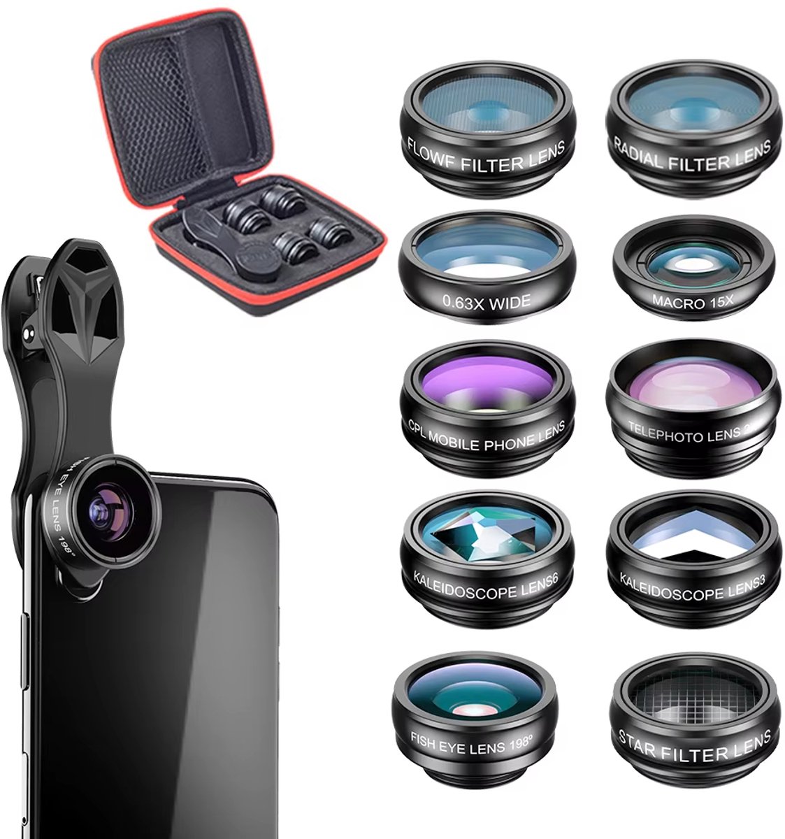 Universele 10-in-1 Telefoonlens Kit – Fisheye, Groothoek, Macro, CPL Filter, Caleidoscoop en 2X Telelens voor Smartphone Fotografie