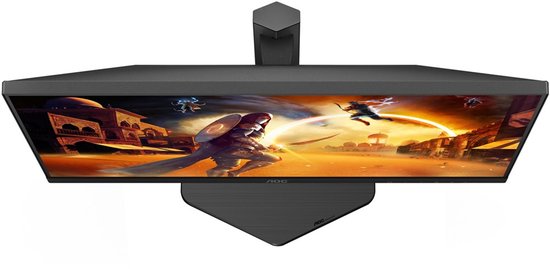 Bovenaanzicht van een 27" AOC gaming monitor met zwarte, hoekige behuizing en een V-vormige standaard met rode accenten.