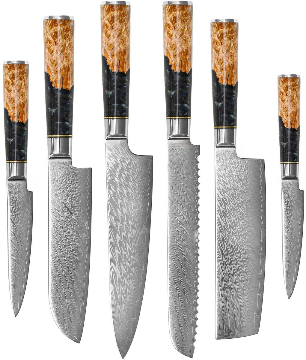 Shinrai Knives - Epoxy Onyx 6-delige Messenset + Messenblok + Slijpsteen - Koksmes - Vleesmes - Hakmes - Broodmes