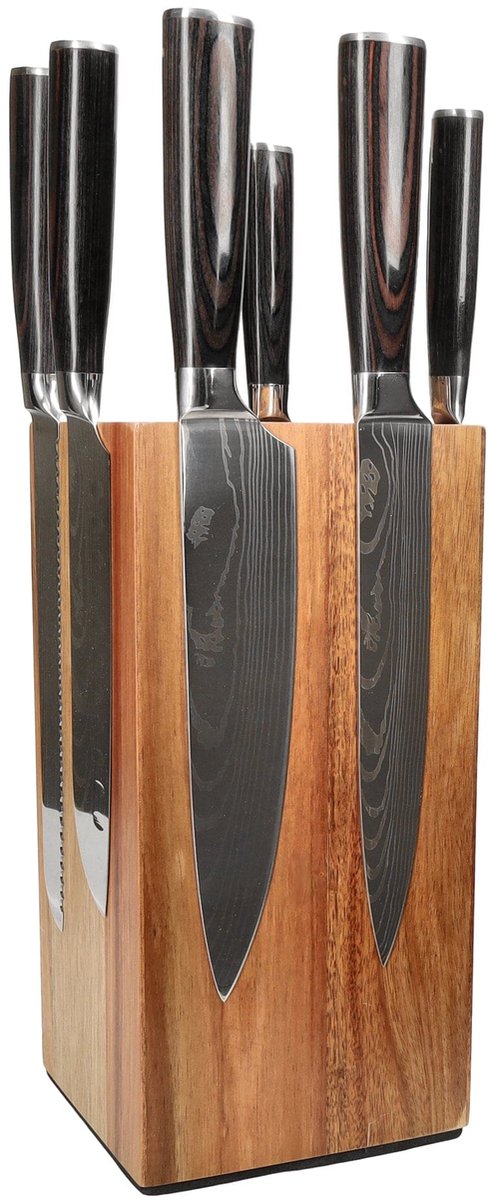 Shinrai Knives - Damascus Print 7-delige Messenset + Messenblok Rotate - Koksmes - Vleesmes - Hakmes - Broodmes