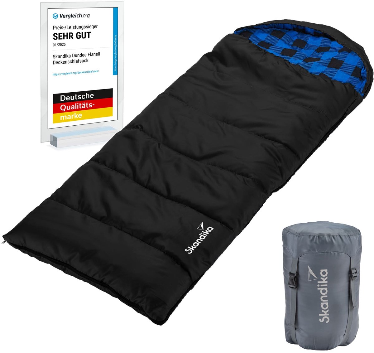 Skandika Dundee Junior Kinderslaapzak – Slaapzakken kinderen - Outdoor kampeerslaapzak voor kinderen met draagtas – Flanellen voering van katoen – Zacht materiaal – Waterafstotend –  Comfort bereik van 13 tot 3°C, 175 x 70 cm  - zwart/blauw