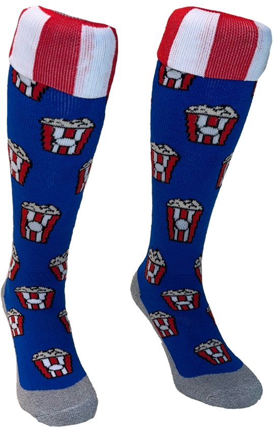 Blauwe Hingly sportsokken met popcornprint en rood-wit gestreepte boord.