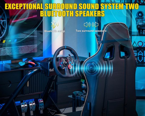 Racestoel, Simulator Cockpit, SIM Racing Cockpit, racesimulator stuurwielstandaard met luidsprekers, stuurwiel en pedaalsteun, Grijs van Furgle — afbeelding 4