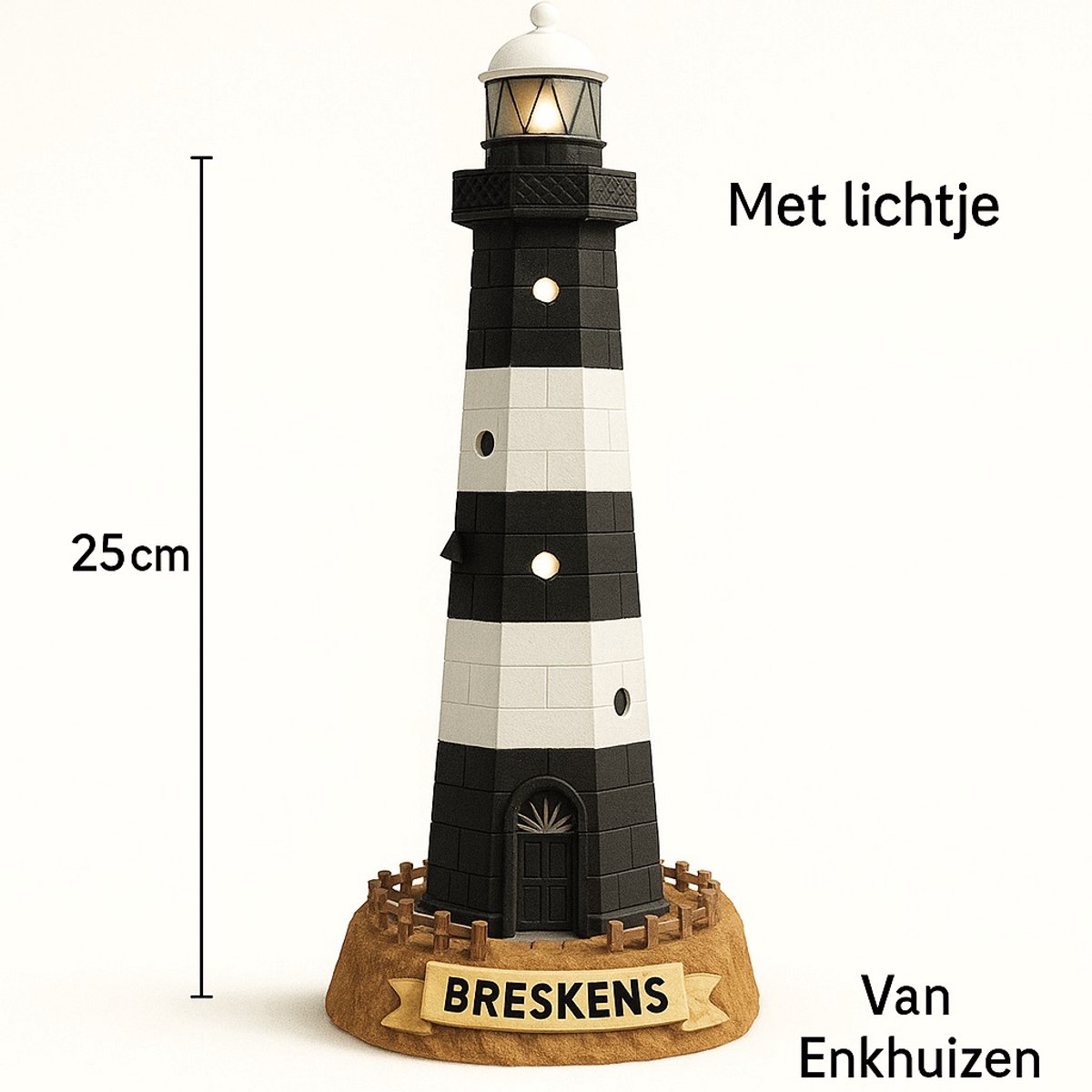 Miniatuur Vuurtoren Breskens – 25 cm | Zwart-Wit Decoratiebeeld | Zeeland Souvenir | Polyresin Vuurtoren