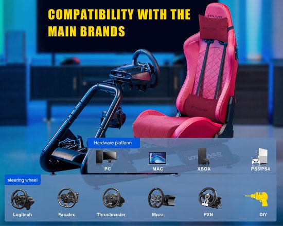 Bordeauxrode racestoel van GTPLAYER, met afbeeldingen van compatibele stuurwielen en spelconsoles.
