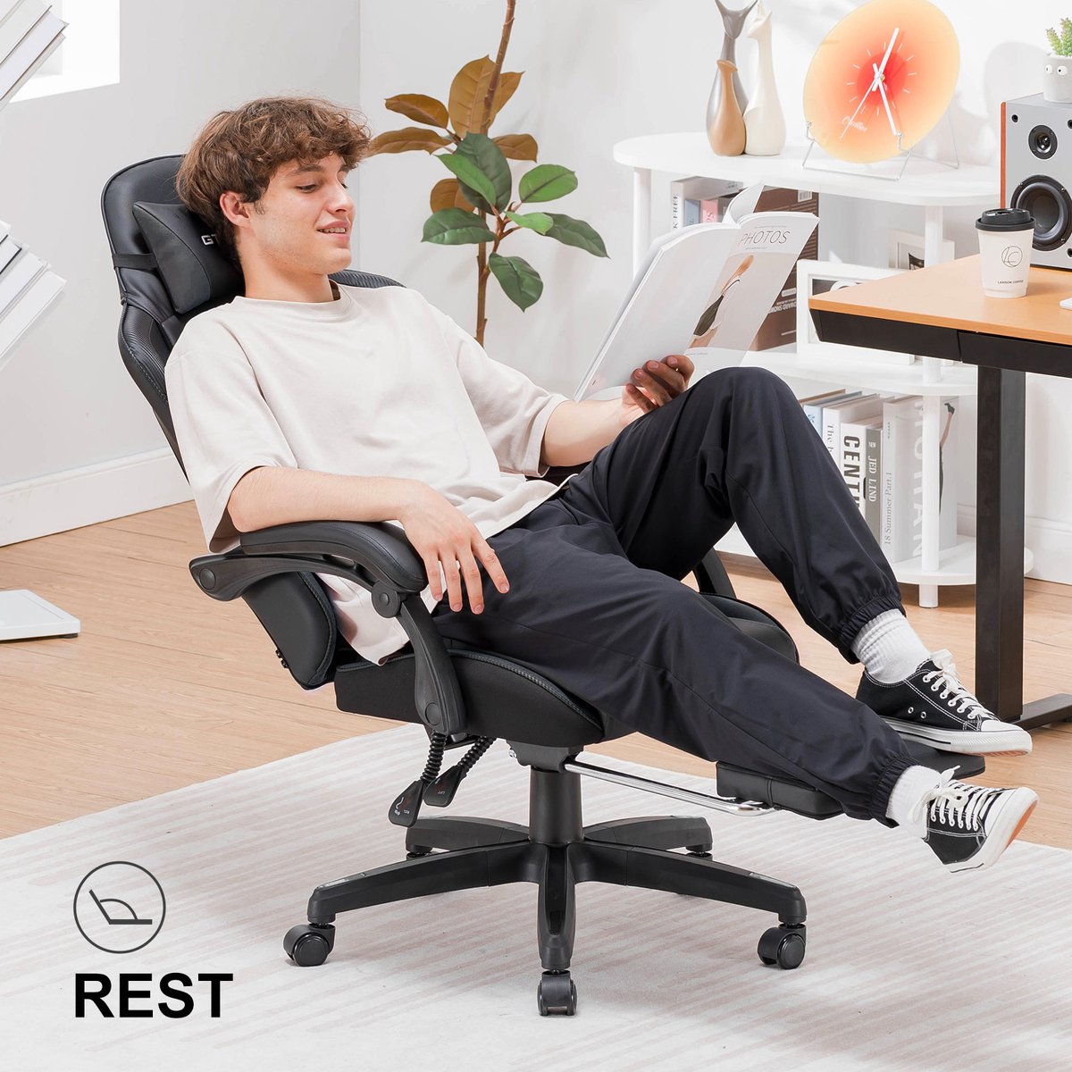 GTPLAYER Gamingstoel Hoge Rugleuning met Voetsteun - Zwart - afbeelding 2