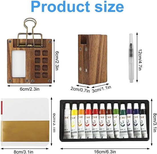 FIDWALL Mini-aquarelset, draagbaar, met houten pallet, schetsboek, 6 watertankpenselen en opbergtas, ideaal voor reizen, schilderen in de open lucht