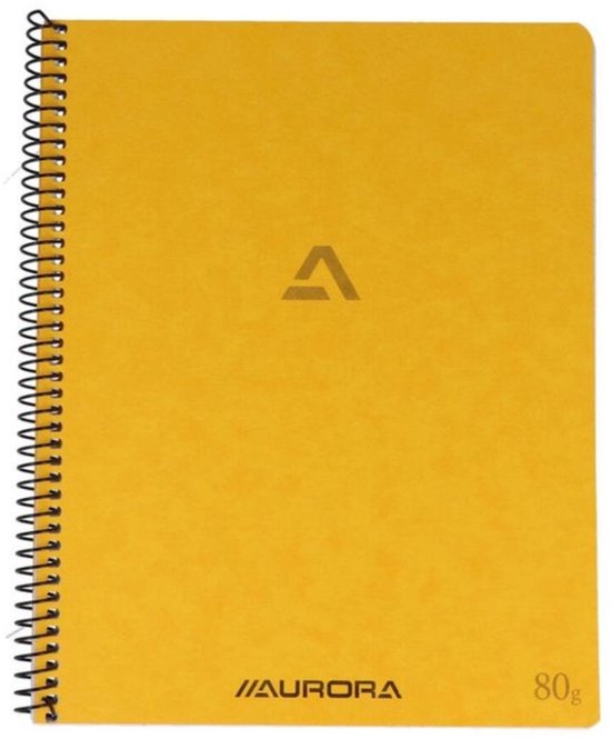 Gele Aurora notitieboek met spiraalbinding. Tekst: //AURORA 80g.