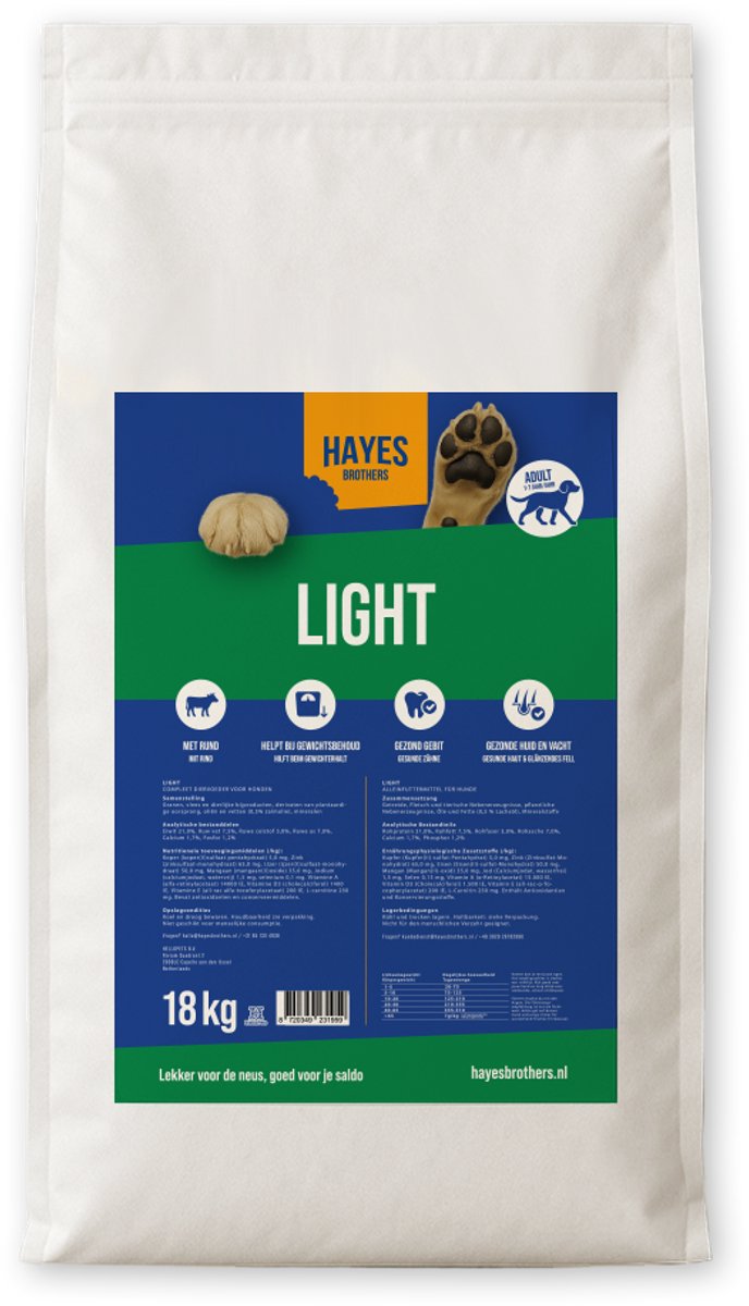 Hayes Brothers Light hondenbrokken 18 kg - Krokante hondenbrokken - voor overgewicht of lagere caloriebehoefte - 18kg