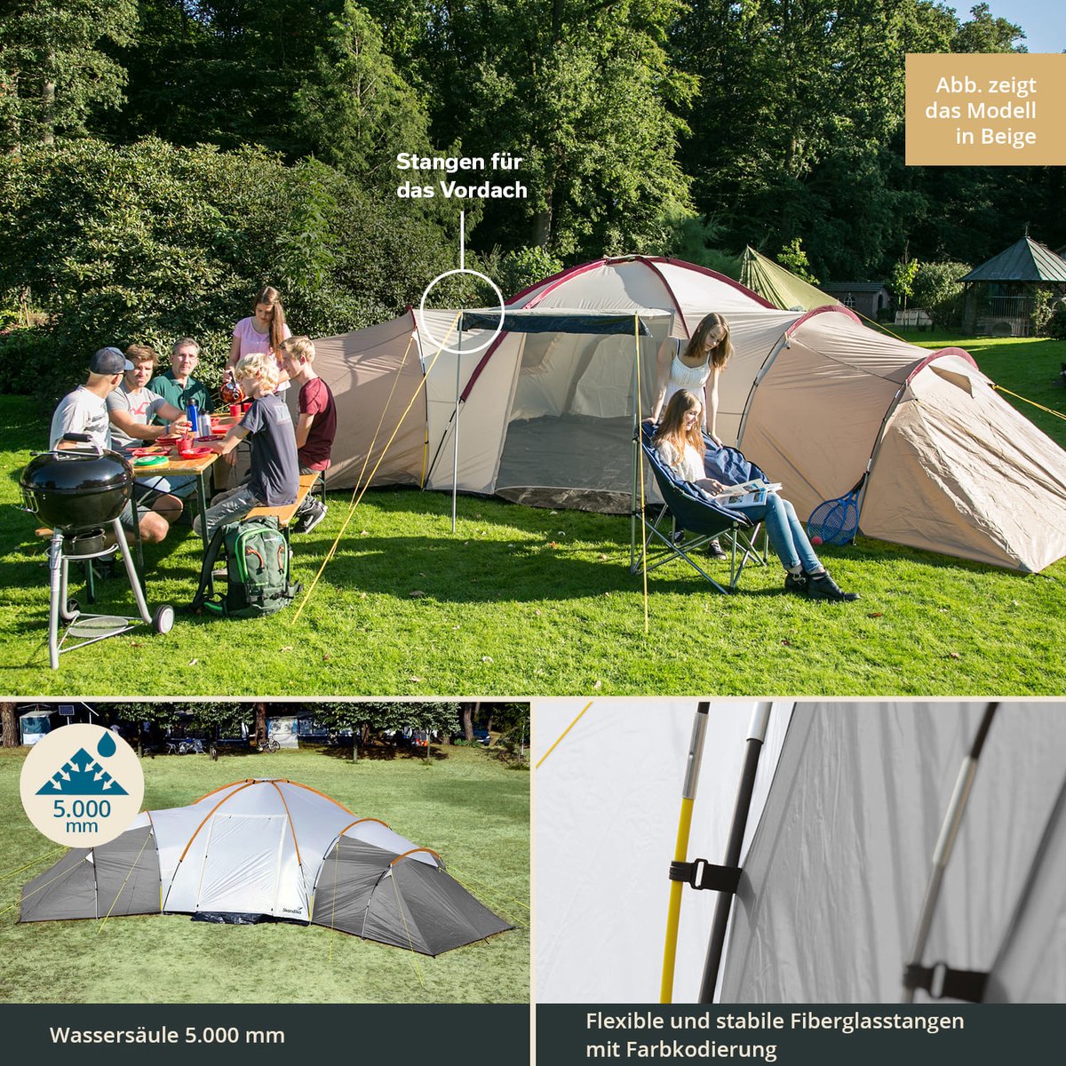 Skandika Turin Tent – Tenten – Familietent - Campingtent – Voor 12 personen – Koepeltent – Muggengaas – 3 slaapcabines - 200 cm stahoogte – Stalen stangen – 3000 mm waterkolom – Outdoor, Camping, Tuin – Kamperen – grijs/oranje – foto 6
