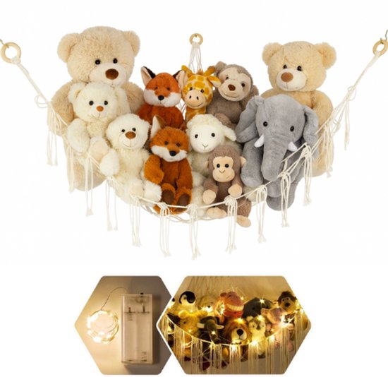 Knuffel Hangmat MET verlichting incl. montagetools | Opbergnet Knuffels | Opbergzak Hangen / Hangend | Plush Net | Opberger / Opbergsysteem voor knuffel | Toy Hammock