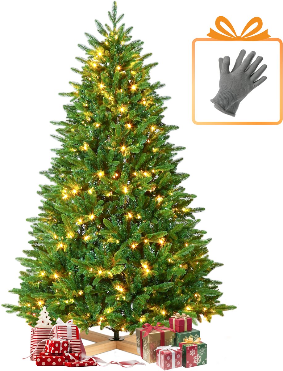 Sinaopus Kunstkerstboom – Met LED - Elfenbos Boom - verlichting (230LED’s, 8lichtmodi) – Stevig en milieuvriendelijk PVC&PE – 940takken – Houten standaard – Snel opzetten – Opvouwbare takken – Groene kerstboom met spitse top 185cm