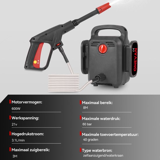 ONEVAN Hogedrukreiniger - 60 Bar Mobiele Hogedrukreiniger - 21V Pressure Washer Hogedrukreiniger - met 2 accu's - Terrasreiniger - 15 m slang - auto en tuin reinigen van Merkloos	 — afbeelding 3