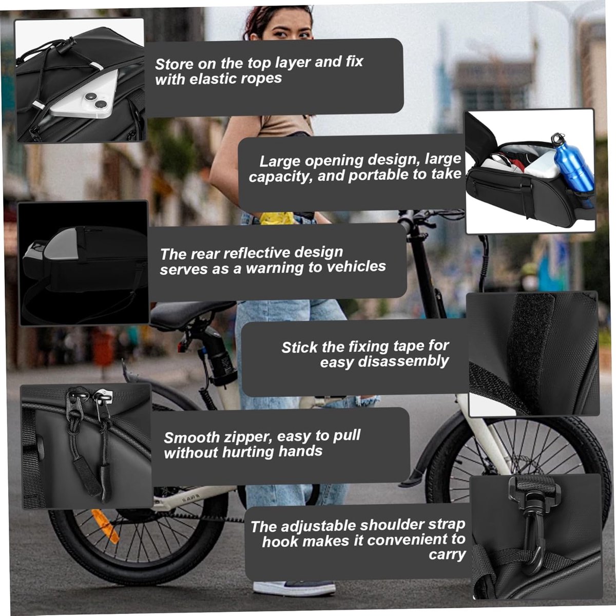 Fietstas voor achterop de bagagedrager – Reflecterende en waterdichte fietstas met meerdere vakken, geschikt voor buitenfietsen en dagelijks woon-werkverkeer-38*17*18cm,Zwart — cadeau in Sport & Outdoor - foto 3