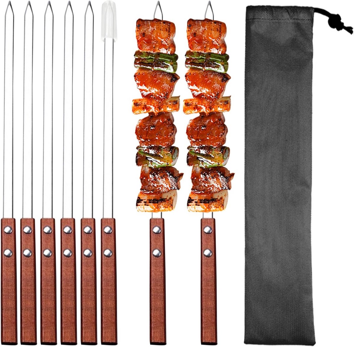 8 Platte BBQ Spiesen RVS 40 cm - Herbruikbare Kebabspies met Houten Handvat voor Grillen