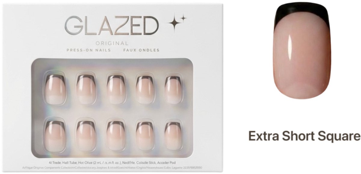 Glazed Original - Press On Nails - French Noir - Short Square - French Manucure - 30 nagels