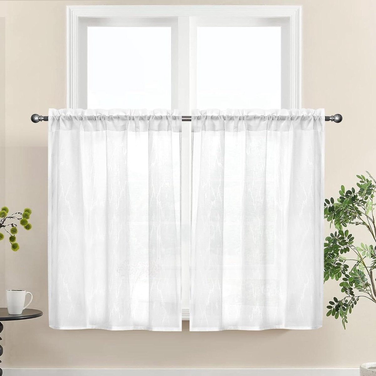 Ronte - Korte witte gordijnen voor kleine ramen, ideaal voor keuken en badkamer, 2 panelen doorschijnend, geschikt voor slaapkamer, woonkamer en kelder - 65 x 90 cm