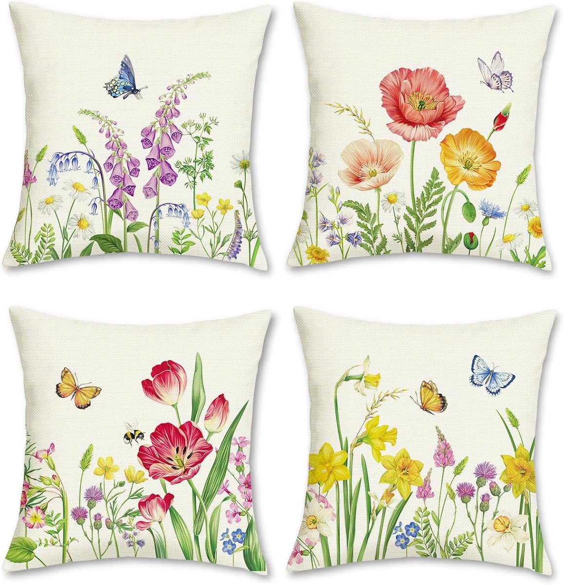 Famanu Set van 4 kussenslopen, bloemen, tuin, 45 x 45 cm, bloemen, vlinders, decoratieve kussenhoezen, sierkussenovertrekken voor bank, slaapkamer, woonkamer, woondecoratie Lente Bloem