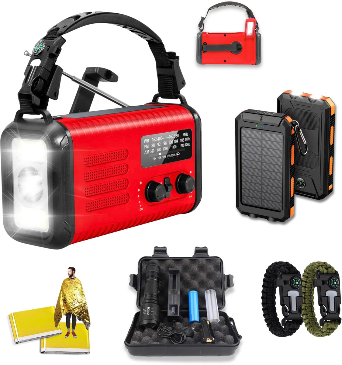 Noodradio 20.000mAh - Met Powerbank & Zaklamp - Solar Opwindbaar - Alles-in-één: Nieuws, Stroom & Verlichting - Solar Powerbank - Zaklamp Noodpakket - Overlevingspakket - Opwindbare Noodradio Draagbaar