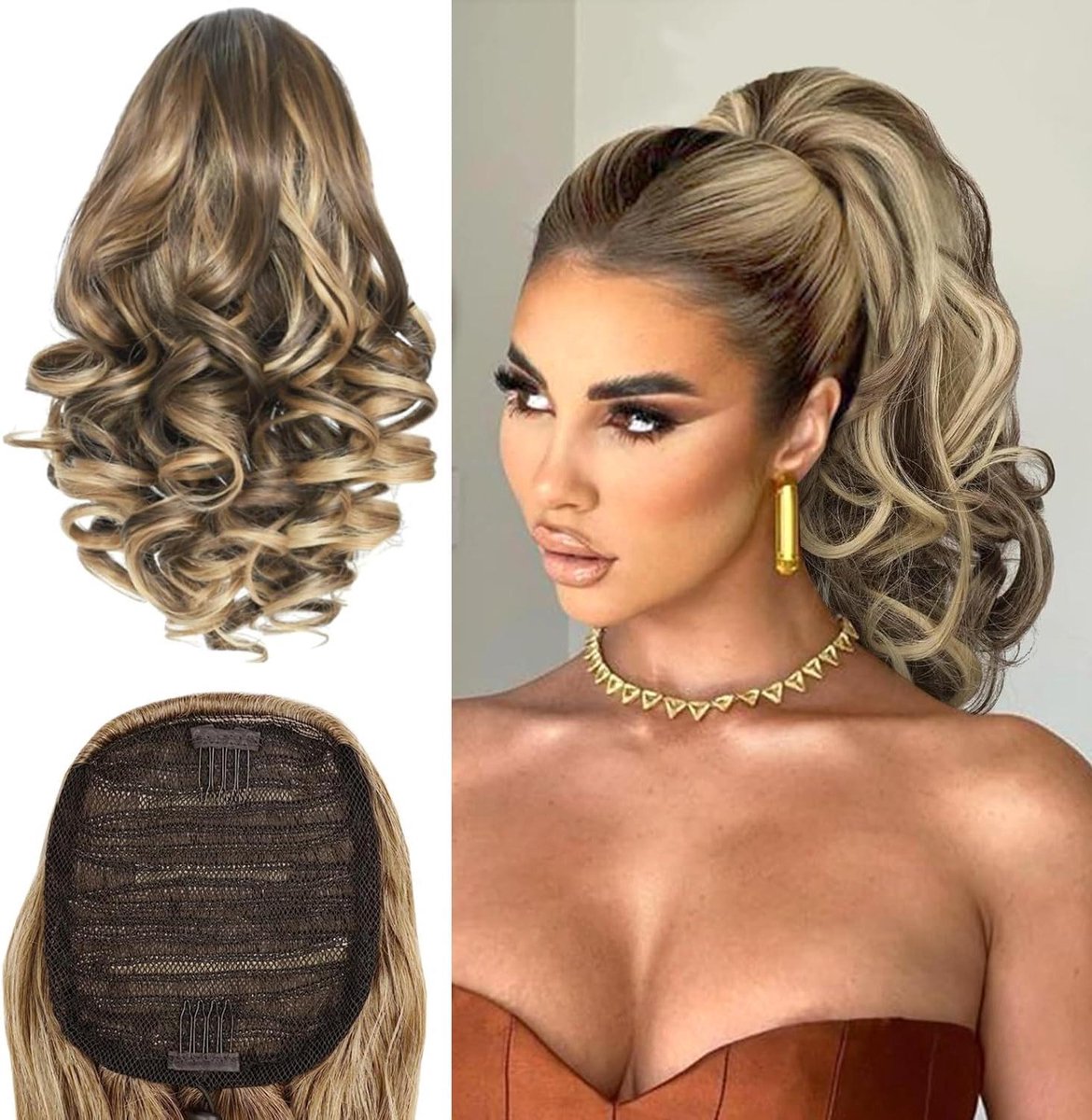 Provento - Haarstukje met trekkoord voor dames, korte golvende paardenstaartverlenging in bruin/blond - Synthetisch haar - Clip-in - 26 cm - Vlechtstijl