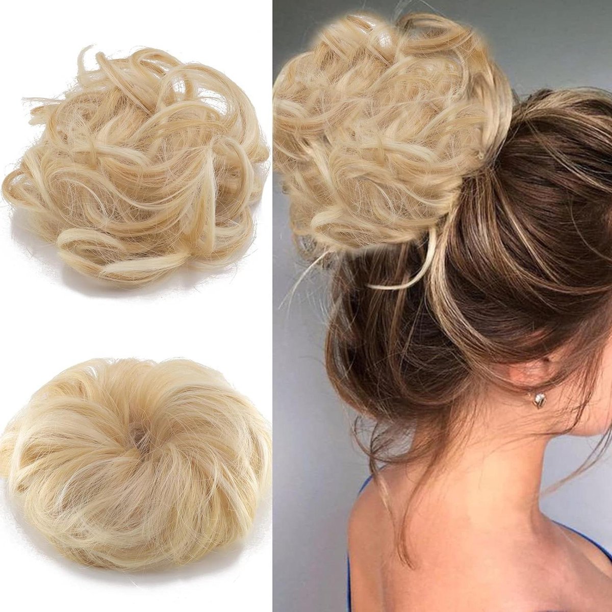 Provento - Rommelige Knot Haarstukje Krullende Haarscrunchies Dikke Rommelige Haarknot Updo Haarstukje Synthetische Lint Paardenstaart Extensions Donut Chignons Golvende Pruik voor Vrouwen Meisjes, 35g
