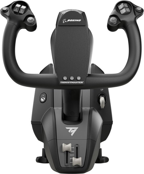 Zwarte Thrustmaster TCA Yoke Boeing Edition met twee stuurhelften, hendels en Boeing-logo.