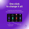Scherm met vier audiostreams: MIC, HEADPHONES, GAME, CHAT. Knoppen: SOLO, OBS WAITING, OBS FULL, OBS GAME. Tekst: "One click to change it all. Customize your action buttons and create shortcuts via the software!"