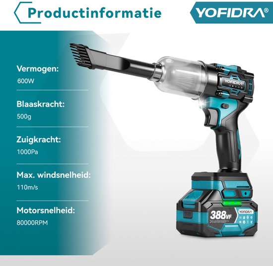 Yofidra Accu Mini Bladblazer - Turbo Fan - 110 m/s Air Duster Turbo - Perslucht - Luchtpistool en stofzuiger - Sterke autostofzuiger - met 2x Accu van Yofidra — afbeelding 3