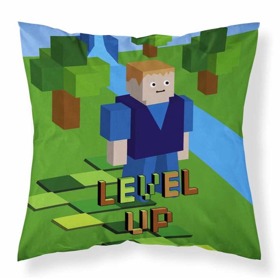 Coussin sur le thème de Minecraft : un personnage dans un monde pixelisé avec le texte 'LEVEL UP'.