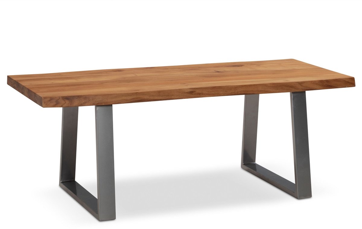 Ervesto salontafel 120x60x46 cm acacia massief hout / metalen boomrand, design woonkamertafel rechthoekig, salontafel salontafel bruin, salontafel met trapeziumvormige poten in chroom