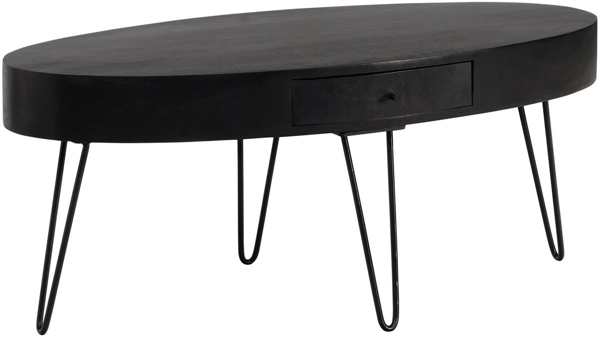 salontafel 100x50x40 cm mango massief hout metalen salontafel, design woonkamertafel ovaal met lade, salontafel opbergruimte massief, grote tafel woonkamer haarspeldpoten