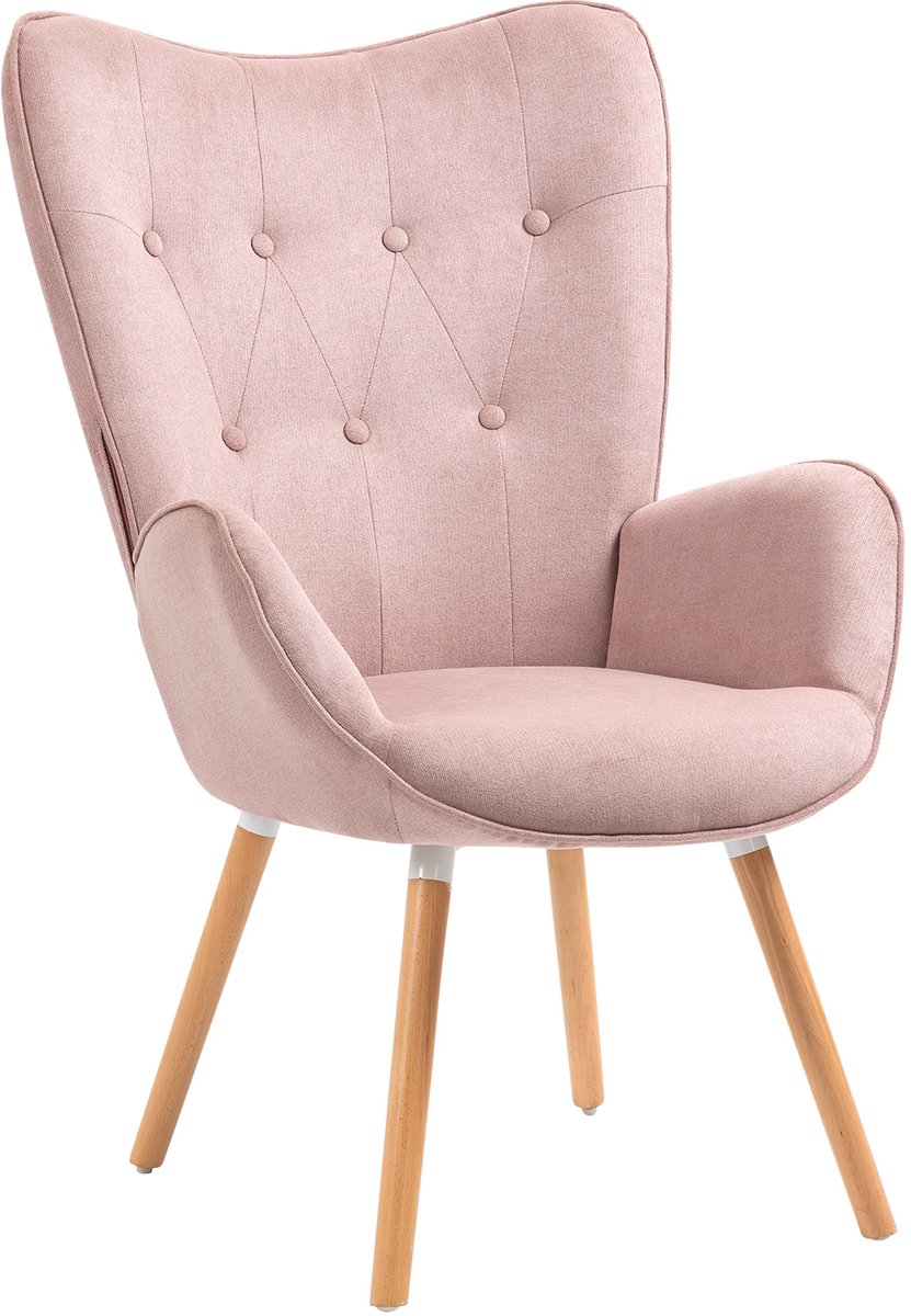 MEUBLES COSY KAS fauteuil scandinave – hoog rug, roze stof, comfortabele zit, massief beukenhouten poten