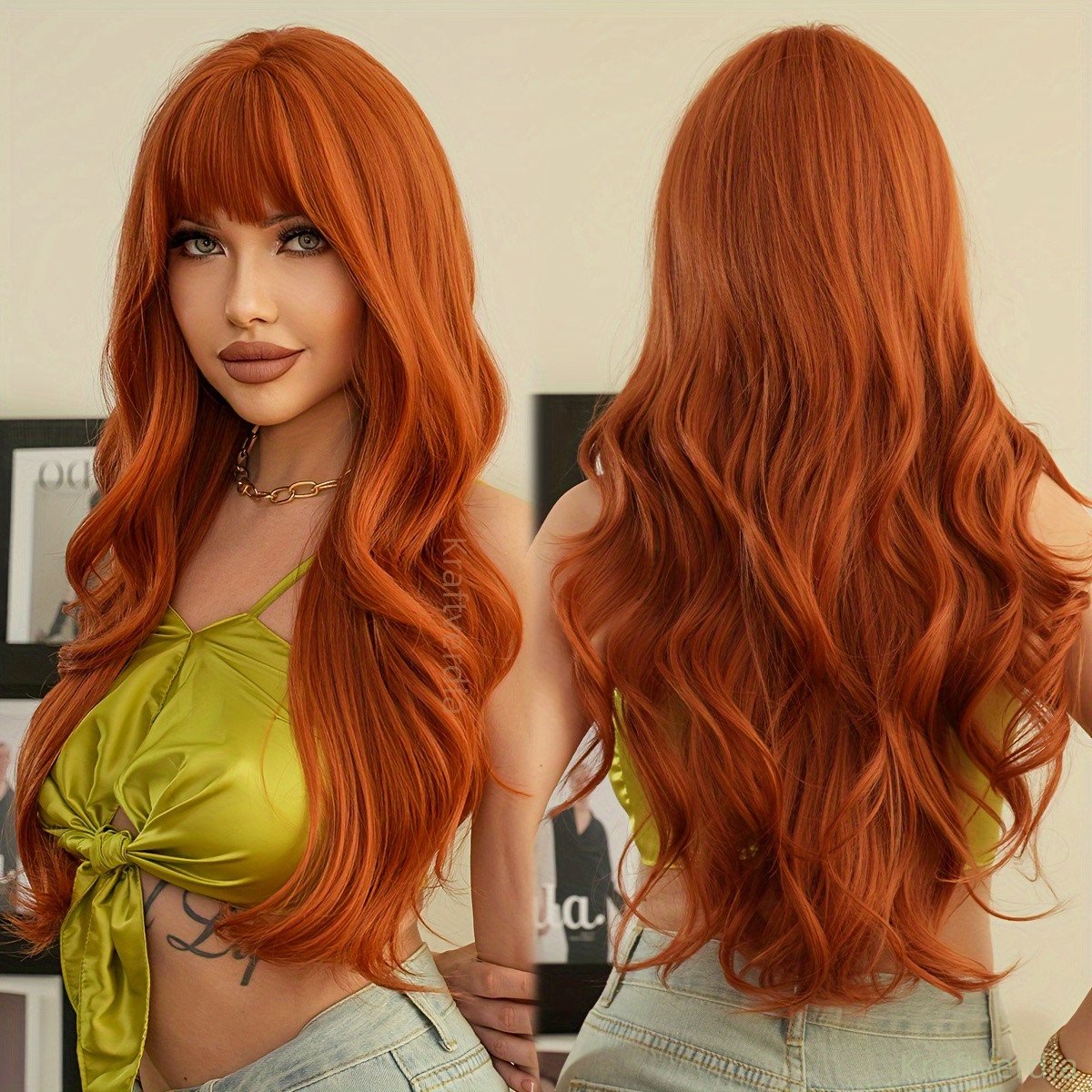 Kraftverdia - Gemberkleurige oranje pruik - Pruiken Dames Lang Haar - Met pony - Krullende golvende pruik - Wig - Haarwerk - Wasbaar - 70 cm - Geschikt voor dagelijks gebruik, feestjes en Halloween