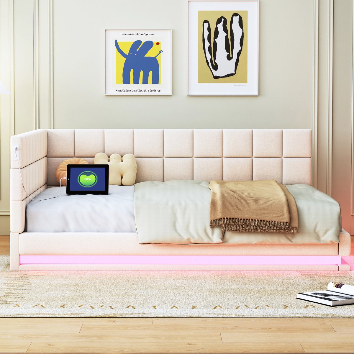 Wishdor Gestoffeerde Slaapbank 140x200 cm – Met LED & USB – Inclusief Lattenbodem – Stijlvol & Multifunctioneel – Linnen – Beige